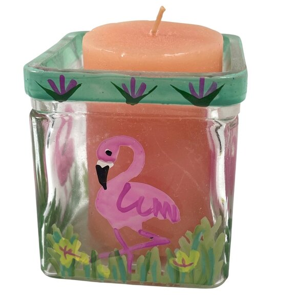 Pink Flamingo Tropical Votive Tea Candle Holder Square Glass Heavy Hand Painted - Picture 2 of 7